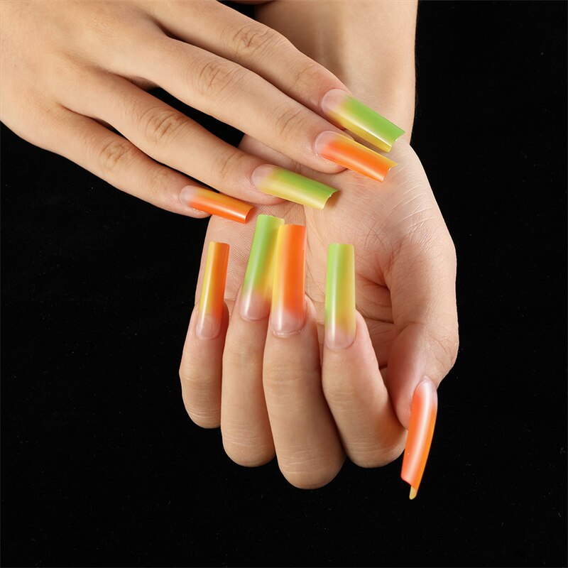 Gradient Green and Orange Extra Long Square Press on False Nails Ombre Fingernails SM30210929