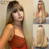 Ombre Brown Blonde Long Straight Synthetic Wigs with Bangs Cosplay Wig for Women High Temperature Natural Fake Hair