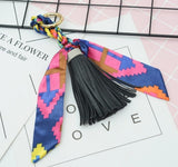 Back to School Leather Tassel Satin Silk Scarves Keychain Bowknot Scarf Pendant Car Purse Bag Keyring Holder Handbag Key Ring Chains Girls