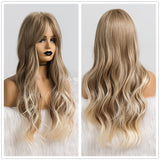 Long Water Wavy Synthetic Wigs Omber Chocolate Brown Blonde Cosplay Wig with Bangs for Women Heat Resistant Fiber Hair