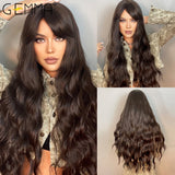 Long Water Wave Synthetic Wigs with Bangs Natural Black Dark Brown Cosplay Daily Heat Resistant Hair Wigs for Women Afro