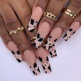 Cow Spots Design French Nails Press on Long Coffin XL Length JP1415