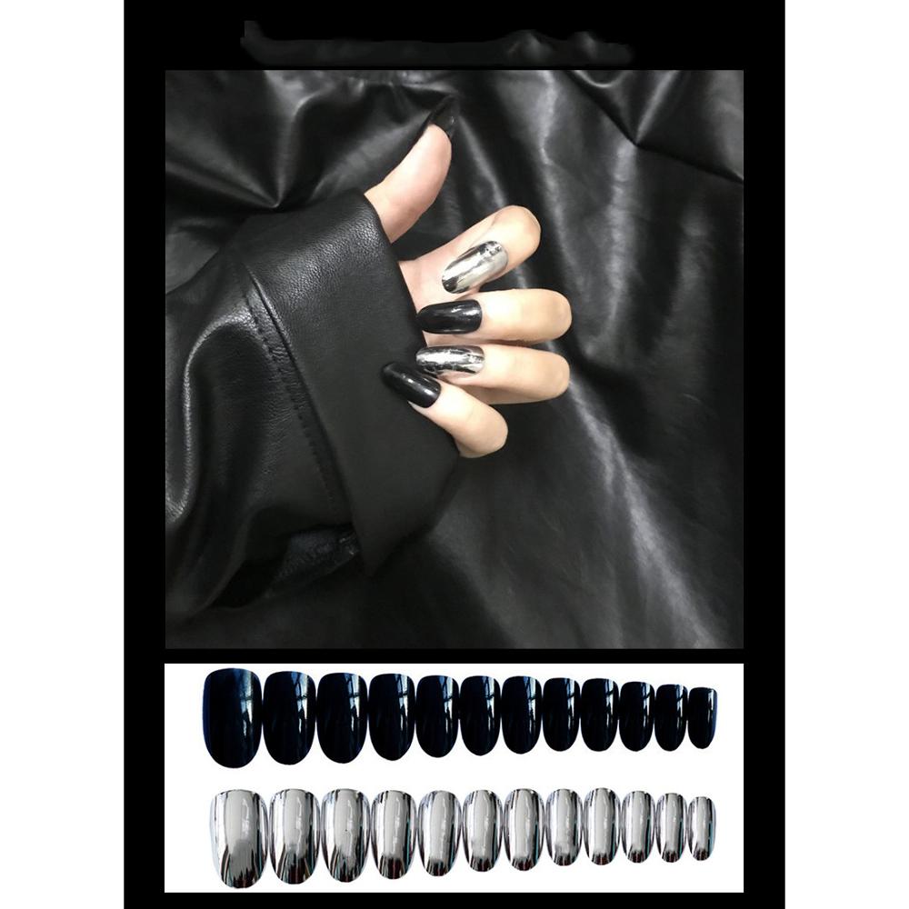 24pcs Solid Color Fake Nail Sky Blue Beach Aurora Metal Mirror Nails Ladies Press On Designed False Nails Tips