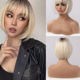 Synthetic Short Straight BOb Wigs with Bangs for Women Girls Natural Ombre Black Brown False Hair Heat Resistant Fiber