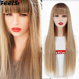 Back to School FEELSI Synthetic Hair Long Straight Wig With Bangs Ombre Christmas Red Wig Orange Black Pink 26Inch Halloween Cosplay For Women