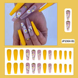 Flower Pink Nails Ballet Coffin Extra Long Yellow Fake Nails with Designs Diamond JP1964-B1