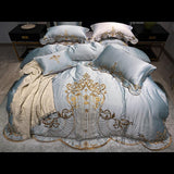 Golden Embroidery Satin Duvet Cover Set Lace Princess White Bedding Solid Color Bedspread Bed Skirt Sheet Pillowcases Luxury