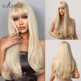 Xpoko EASIHAIR Ombre Gray Ash Wavy Wigs With Bang Light Blonde Platinum Synthetic Long Hair For Women Daily Party Heat Resistant Fiber