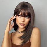 Dark Brown BoBo Synthetic Wig with Bangs Shoulder Length Straight Wig for Women Cosplay Daily Hair Wig Heat Resistant Fibr