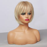 Short Straight Mixed Brown Blonde Synthetic Wigs with Side Bangs for Women Daily Party Bob Hair High Tempearture Fiber