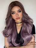 Long Wavy Ombre Brown Purple Synthetic Wigs for Women Heat Resistant Natural Middle Part Cosplay Party Lolita Hair Wigs