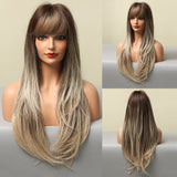 Ombre Brown Blonde Golden Synthetic Wig with Bangs Natural Long Straight Cosplay Wigs for Women High Temperature Fake Hair