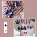Xpoko 24Pcs Matte Fake Nails Extra Long Ballerina Coffin Dark Blue Colorful Rhinestone Decals False Nails With Designs Nail Art