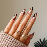 Xpoko 24Pcs Black Brown Abstract Lines Almond False Nails Full Cover Artificial Graffiti Fake Nails Women Wearable Press On Manicure