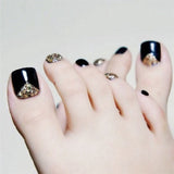 Xpoko 24Pcs/Box Shiny Glitter Gold Black Fake Foot Nail With Glue Sexy Girl Summer Wearable Full Cover Short False Nails