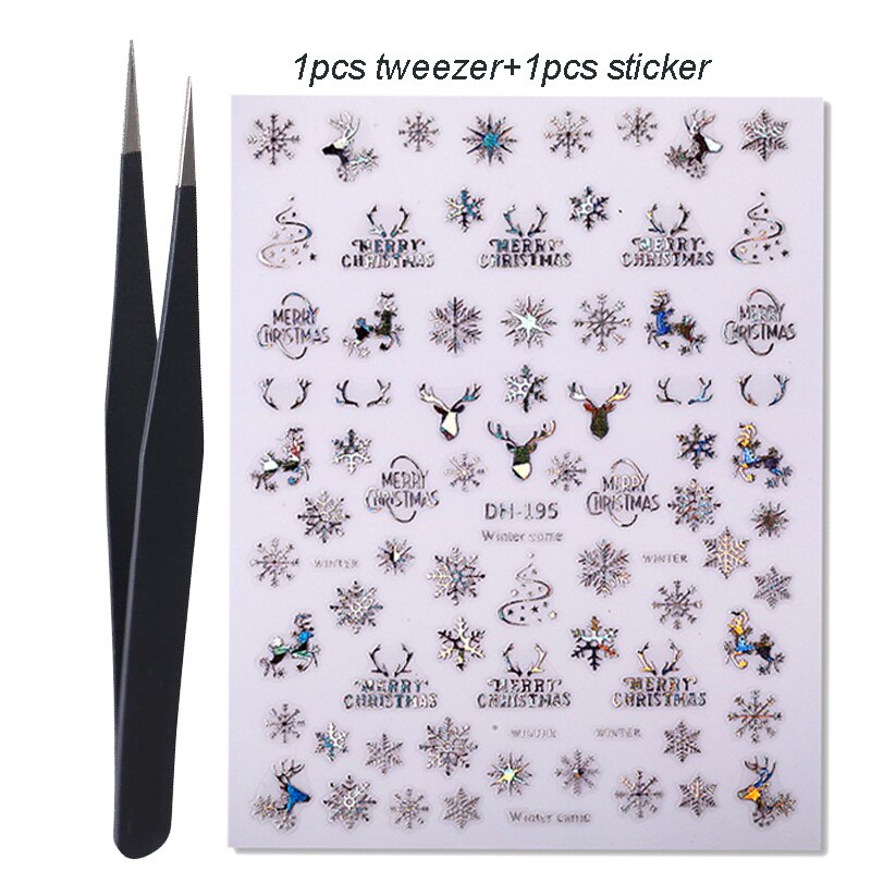 1 Set Xmas Christmas Silver 3D Nail Stickers with Tweezer Snowflakes Star Decoration Transfer Stickers for Nails Manicures Slide