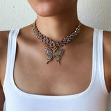Xpoko Big Butterfly Necklace For Women Cuban Link Chain Rhinestone Choker Statement Necklace Luxury Y2k Jewelry