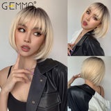 Short Bob Straight Synthetic Wigs with Bangs Ombre Brown Blonde Wig for Women Afro Wigs Cosplay Party Daily Heat Resistant