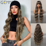 Long Wavy Synthetic Wigs with Bangs Ombre Dark Brown  Cosplay Hair Wigs for Women African American Heat Resistant Fibre