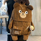 Fashion Women Corduroy Backpack Bear Design Travel Bagpack Female Mochila For Teenager Girl School Bag Black Rucksack