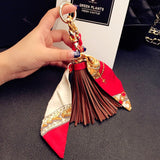 Back to School Leather Tassel Satin Silk Scarves Keychain Bowknot Scarf Pendant Car Purse Bag Keyring Holder Handbag Key Ring Chains Girls