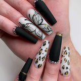 Xpoko 24Pcs Butterfly Fake Long Nails Tips Black Press On Nails Coffin Full Cover Ballerina Wearable Design False Nail With Diamond