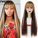 Back to School FEELSI Synthetic Hair Long Straight Wig With Bangs Ombre Christmas Red Wig Orange Black Pink 26Inch Halloween Cosplay For Women