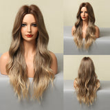 Long Water Wave Synthetic Wig For Women Ombre Brown Blonde Wig Natural Middle Part Cosplay Party Hair Heat Resistant Fiber