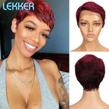 Short Pixie Bob T Part Lace Human Hair Wig For Women Natural Pre Plucked Glueless Ombre Burgundy Brazilian Remy 613 Wigs