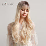 Xpoko EASIHAIR Platinum Blonde Wavy Wigs With Bangs Natural Heat Resistant Long Hairs With Dark Root For Women Daily Party Cosplay