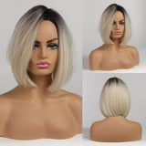 Short Bob Straight Synthetic Wigs with Bangs Ombre Brown Blonde Wig for Women Afro Wigs Cosplay Party Daily Heat Resistant