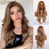 Synthetic Wigs Long Body Wave Ombre Brown Wigs for Black Women Afro Natural Middle Part Cosplay Hair Heat Resistant Fiber