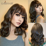 Xpoko EASIHAIR Shoulder Length Synthetic Wave Wig With Bang Dark Brown Wavy Curly Hair Wigs For Women Heat Resistant Daily Cosplay