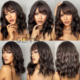 Medium Wavy Dark Brown Bob Synthetic Wigs with Bangs Natural Cosplay Heat Resistant Hair for Black Women African American