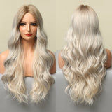 Long Wavy Ombre Blonde White Synthetic Wigs for Women Cosplay Daily Party Middle Part Hair Wigs High Temperature Fiber