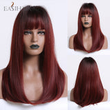 Xpoko EASIHAIR Long Straight Wine Red Synthetic Wigs With Bang For Women Heat Resistant Natural Hair For Daily Halloween Cosplay Party