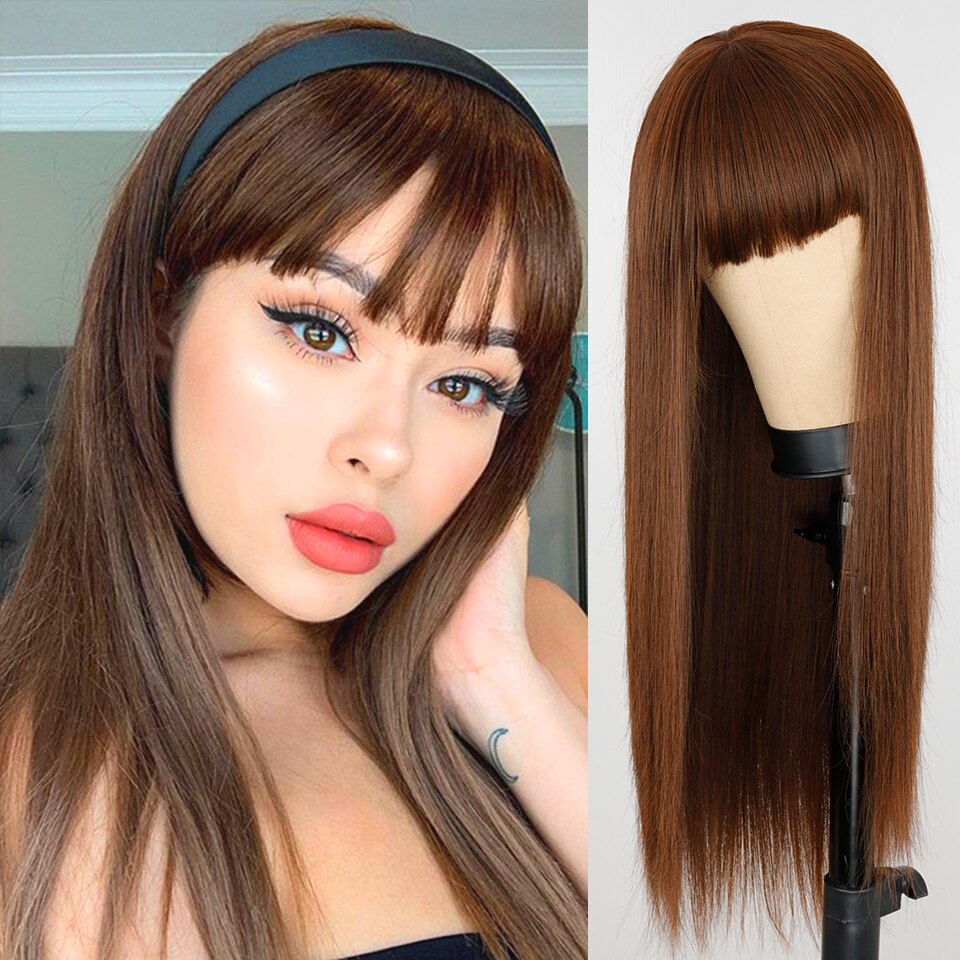 Xpoko Wigs Long Black Straight Wig With Bangs For Women Natural Hair Heat Resistant Hair Black Wig For Women