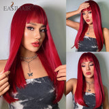 Xpoko EASIHAIR Long Straight Wine Red Synthetic Wigs With Bang For Women Heat Resistant Natural Hair For Daily Halloween Cosplay Party