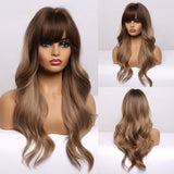 Long Water Wave Synthetic Wigs with Bangs Natural Black Dark Brown Cosplay Daily Heat Resistant Hair Wigs for Women Afro