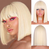 Xpoko Blonde Wig With Bangs Short Wigs For Women Golden Wig Straight Bob Wig Natural Heat Resistant Wigs 11 Inches For Party