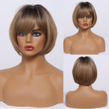 Back to School Short Straight Ombre Brown Blonde Bob Wig With Bangs Synthetic Hair Wig For Women Cosplay Lolita Heat Resistant Fiber