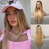 Long Straight Natural Middle Part Wig Ombre Brown Blonde Golden Heat Resistant Synthetic Wigs for Women Cosplay Party Hair