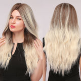 Long Wavy Ombre Blonde White Synthetic Wigs for Women Cosplay Daily Party Middle Part Hair Wigs High Temperature Fiber