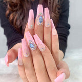 24pcs/Set Cloud Long Coffin Fake Nails Simple Heart Flame Rhinestone Pattern Acrylic False Nails Wave Manicure Full Nail Tips