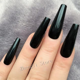 Black Midi Press On Nails Stiletto Artificial Fake Nails With Glue Sticker Halloween Shiny Full Cover Tips Faux Ongle Court