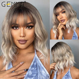 GEMMA Bob Wigs Ash Gray Platinum Synthetic Wig with Bangs for Black Women Short Wave Natural Daily Heat Resistant Cosplay Hair