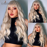 Xpoko EASIHAIR Ombre Gray Ash Wavy Wigs With Bang Light Blonde Platinum Synthetic Long Hair For Women Daily Party Heat Resistant Fiber