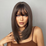 Dark Brown BoBo Synthetic Wig with Bangs Shoulder Length Straight Wig for Women Cosplay Daily Hair Wig Heat Resistant Fibr