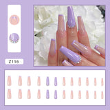 24Pcs Gradient Purple Delicate French Ballet False Nails Rhinestone Bow Decal Full Nail Art Tip Flame Lightning Coffin Fake Nail