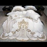 Golden Embroidery Satin Duvet Cover Set Lace Princess White Bedding Solid Color Bedspread Bed Skirt Sheet Pillowcases Luxury